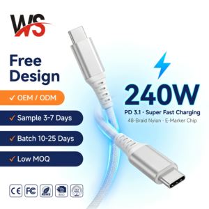 สายชาร์จเร็ว WEISI OEM แบบกำหนดโลโก้เองได้ 100W PD USB-C to USB-C พร้อมสายถักไนลอน MOQ ต่ำเพียง 1000 ชิ้น สำหรับ <span class=keywords><strong>IOS</strong></span> และกล้อง รับสั่งซื้อจำนวนมาก - Product Image 1