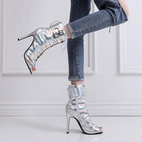 Bottes pour femmes 2026, nouvelles chaussures de danse latine en cuir verni argenté, grandes tailles 34-46, talons très hauts, salsa, à lacets