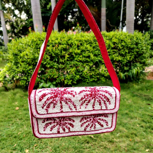 Handmade Washable Embroidered Rectangular <b>Handbag</b> with Glass Beads Flower Pattern <b>Red</b> and White Textile Craft Daily Use - Product Image 1
