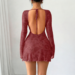 Elegante Abito Mini Aderente con Schiena Scoperta e Motivi Floreali, <span class=keywords><strong>Maniche</strong></span> Lunghe a Campana, Collo Tondo, Outfit per Feste Primaverili ed Estive, Personalizzabile - Product Image 5