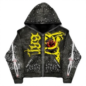 Sudadera con Capucha Negra para Hombre, Estilo Punk, Cierre Frontal con Cremallera, Diseño Estampado, Corte Holgado, Manga Regular, Tejido de Punto, 100% Algodón, Transpirable - Product Image 1