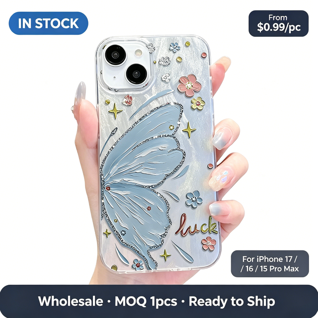 3D Texture Blue Oil Painting Butterfly Flower Pattern Glitter Clear TPU Case, Shockproof Cover for iPhone 17 16 15 14 13 Pro Max