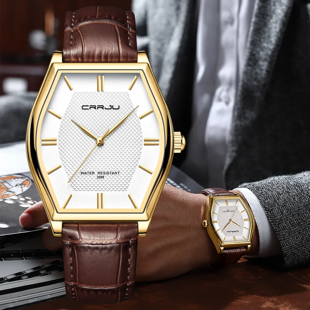 CRRJU 2023 Newest Waterproof Luxury Genuine Leather Strap Quartz Wrist Watches For Men And Women Relogio Masculino