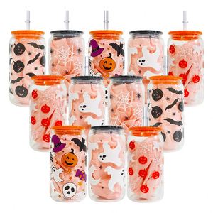 Verre en borosilicate coloré de 16 oz avec impression UV 3D, couvercle en PP, paille transparente, motifs citrouille, fantôme et abeille, pour la maison, le bureau, les voyages et le camping - Product Image 1