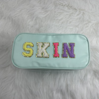 Faible QUANTITÉ MINIMALE DE COMMANDE Stock MONOGRAM EFFACER femmes filles SAC COSMÉTIQUE MIGNON zip POUCH make up sac AVEC GLITTER LETTRE décoration