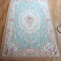 Custom 5x8 Light Cyan Turquoise Handmade French Chinese Wool Aubusson Carpet Area Rug Hand Made in China