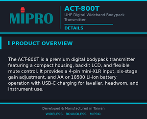 MIPRO Versatile 4 pin Mini XLR Bodypack Transmitter With 6 Stage Gain Digital <b>Wireless</b> For Lavalier And Instrument Use - Product Image 4