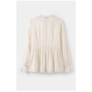 Blusa de Mujer Blanca con Bordado Floral, Cuello con Volantes, Manga Campana, 100% Poliéster, Corte Holgado, Estilo Chic de Primavera - Product Image 2