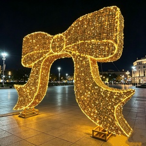 Christmas large <b>red</b> <b>led</b> bow ribbon gold color motif <b>light</b> for wall street holiday outdoor decoration - Product Image 2