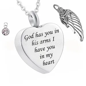 God has You in his arms with Angel Wing Charm Cremation Ashes Jewelry Keepsake Memorial Urn Necklace with Birthstone Crystal