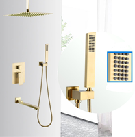 Ensemble de douche mural dissimulé à poignée unique avec LED, en cuivre plaqué or, système de douche carré à trois fonctions pour salle de bain