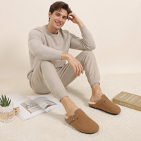 Mules unisexes en daim avec doublure en fourrure, mules en peluche pour intérieur et extérieur, soutien de la voûte plantaire, semelle en liège rembourrée, pantoufles d'hôtel en daim