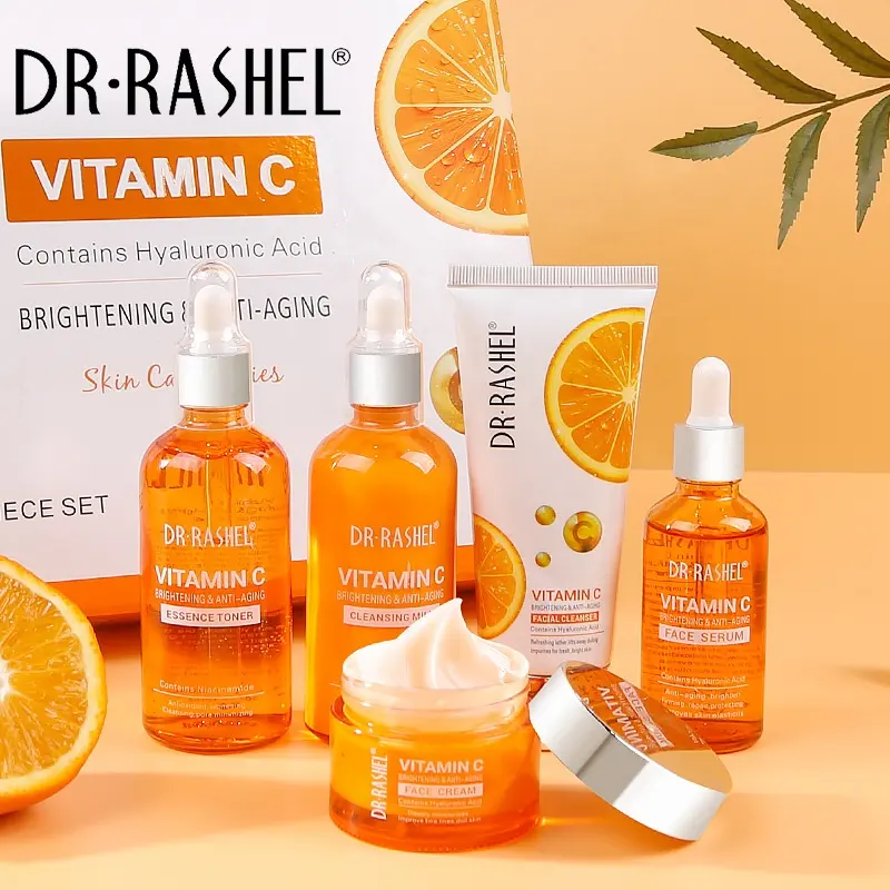 5 Pack Brightening Anti-Aging Vitamin C Skin Care Kit with VC Serum, Face Cream, Facial Cleanser, Essence Toner