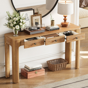 TREXM Rustic Console Table 3 Drawers Entryway Sofa Table with Curved <b>Corners</b> Sturdy Wood Design - Product Image 2