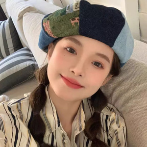 Color-blocked Korean Style Octagonal <b>Beret</b> For Women Summer Breathable Cotton Denim Patchwork Hat Female Large Head - Product Image 4