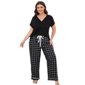 WanBao nouveauté She grande taille chemise à manches courtes taille élastique pantalon ample 2 pièces femmes été vêtements de détente pyjama - Product Image 4