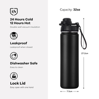 Bouteille d'eau isotherme sous vide en acier inoxydable 304 de 32 oz avec poignée, couvercle à verrouillage et couvercle anti-poussière avec paille, idéale pour cadeau