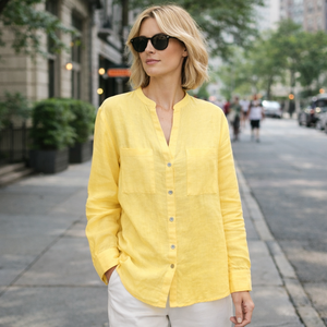 Fornitore di Alta Qualità per Personalizzazione Abbigliamento Femminile: Eleganti Camicie Larghe in <span class=keywords><strong>Lino</strong></span> Giallo con Bottoni e Maniche Lunghe per Donne - Product Image 3