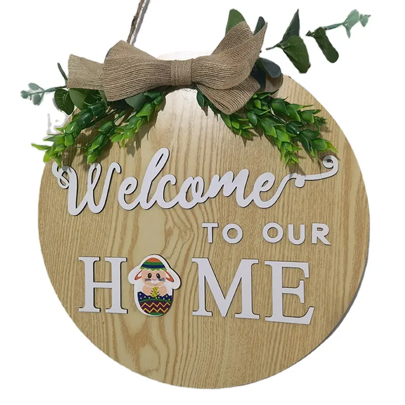Placa de bienvenida de madera colgante para puerta de casa, ornamentos de sublimación con plantas artificiales