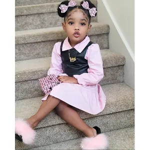 2022 Spring Kids Girls Solid Color Clothes Set Long Sleeve Lapel Midi Dress Pink Ruffles+PU Leather Vest Bow-knot Set