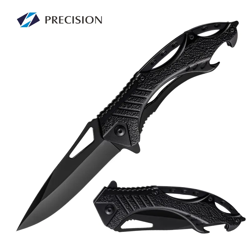 5 Inch Aluminum Handle Black Drop Point Multi-function Folding Pocket Knife with Bottle Opener for Outdoor Camping