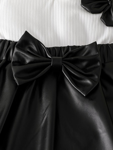 Girls' Cotton <strong>White</strong> Color Top &amp; PU <strong>Leather</strong> <strong>Skirt</strong> with Bow Two-Piece Set Breathable Casual - Product Image 5