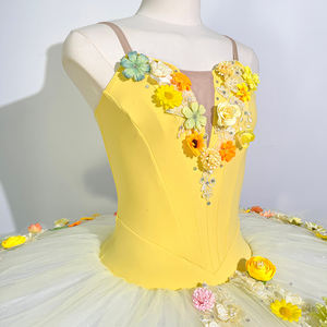 Vestido Tutú de Ballet Profesional para Mujer Sleeping Beauty, Amarillo con Adornos Florales, Spandex/Nylon, Estilo Pancake para Actuaciones Clásicas - Product Image 4