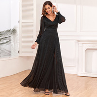 Robe de soirée noire à paillettes, col en V, manches longues, coupe trapèze, longueur maxi, avec fente haute, patchwork en mousseline transparente, tissée en polyester et élasthanne