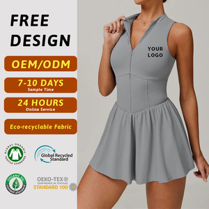 Robe de tennis personnalisée OEM pour femme, sans manches, avec fermeture éclair quart de tour, jupe-short gris, combinaison de yoga, vêtements de sport à marque privée, tenue de sport en gros d'usine - Product Image 1