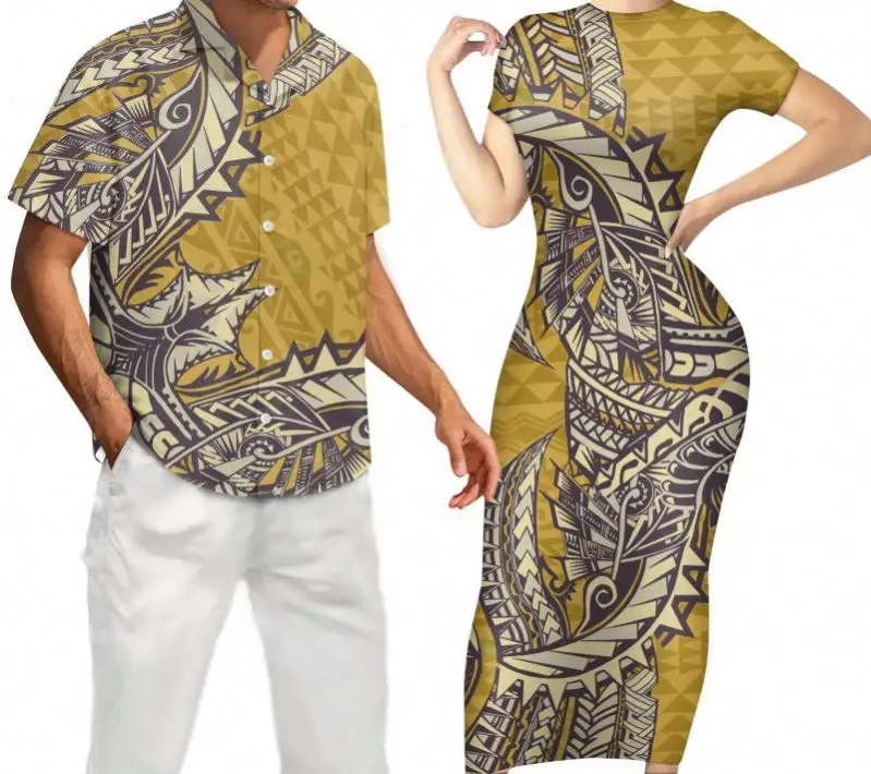 사용자 정의 디자인 폴리네시아 부족 꽃 인쇄 2 종 세트 플러스 사이즈 여성 짧은 소매 Bodycon 맥시 드레스 일치 남성 셔츠