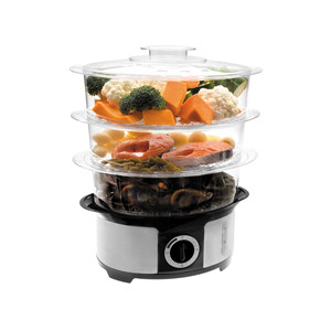 Vaporiera elettrica a 3 livelli con base in acciaio inossidabile, vassoi trasparenti e coperchio per una cucina sana - Product Image 2