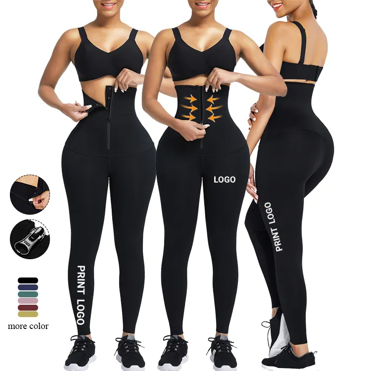 Custom Logo High Waist Hooks And Zipper Women Fat Tummy Trimmer Waist Trainer Leggings Fitness Wear Yoga Pants