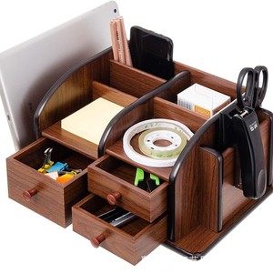 Wooden Desktop Organizer With <b>Drawers</b> And Compartments For Office Supplies Storage Rectangle Shape Standing Type - Product Image 2