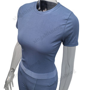 Gerippter Strick Custom LOGO Casual Damen Set Kurzarm Top und Shorts Lounge Wear Outfit 2-teilige Leggings Lounge wear Damen Sets - Product Image 3