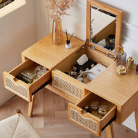 Coiffeuse en bois avec 2 tiroirs et meuble de rangement à bijoux, table de maquillage en rotin tressé pour chambre à coucher