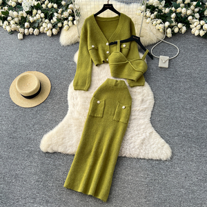 Set Economico da Donna in Due Pezzi: Top con Scollo a V e Bordi in Pizzo, Cardigan a Maniche Lunghe con Gonna Midi a Vita Alta, Stile da Ufficio - Product Image 1