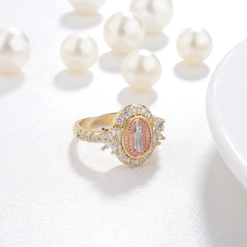 Oro 14K Virgen Guadalupe Sequential Prophet Butterfly Multi-Zircon Cherry Blossom Mary Ring Protection Jewellery