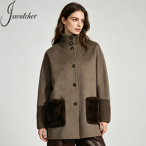 Cappotto di Lana Personalizzato Jxwatcher con Collo Alto e Lunghezza Media, Cappotto Invernale in Vera Lana di <span class=keywords><strong>Cashmere</strong></span> con Polsini a Costine e Tasche in Pelliccia di Visone per Donne - Product Image 1