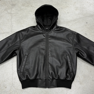 جاكيتات شتوية رجالية مخصصة من المصنعين، سميكة، ستايل ستريت وير، بتصميم عتيق، بسحاب، جودة عالية، جاكيت بومبر بغطاء رأس من الجلد - Product Image 2