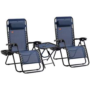 Ensemble de 3 chaises pliantes inclinables bleues pour bord de piscine, transats zéro gravité avec table d'appoint, porte-gobelet et appui-tête - Product Image 1