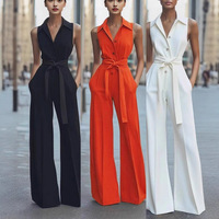 Combinaison pantalon large unie à col rabattu et boutons pour femme, style européen et américain, idéale pour le bureau, collection été, prix attractif, vente chaude