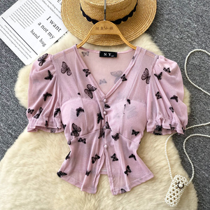 Camicette <span class=keywords><strong>Vintage</strong></span> Estive a Maniche Corte per Donne, Camicie Tinta Unita, <span class=keywords><strong>Top</strong></span> Retrò, Abbigliamento Femminile all'Ingrosso - Product Image 4