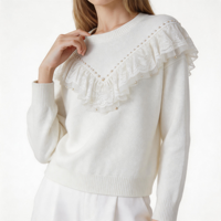 Pull-over en tricot pour femme à col rond, avec dentelle, volants et perles, coupe ample, manches longues, blanc, élégant, doux et décontracté, pour marques privées
