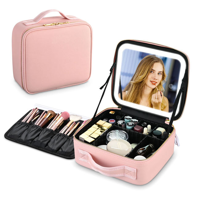 Portable Girls Travel Makeup Case with Mirror Cosmetic Organizer Cosmetic Bags with 3 Led Light Colors
