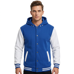 Chaqueta Varsity Azul Premium para Hombre Freandy Sports, Mangas Blancas con Rayas Bordadas, Cierre Frontal con Cremallera, Ropa Exterior Informal de Forro Polar - Product Image 3