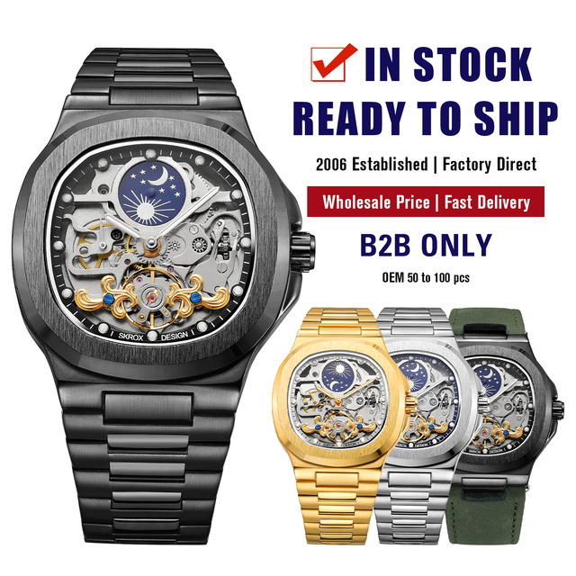 Luxury Famous Brand Forsining Factory SKROX Reloj Men Fast Delivery Moon Phase Automatic Mechanical Watches Skeleton Wrist Watch