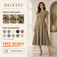 Robe midi évasée à col rond et manches courtes 240 GSM pour femme, idéale pour le bureau et les occasions professionnelles, opaque, personnalisable avec logo OEM, vente en gros