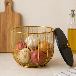 Nordic Gold Metal <b>Mesh</b> Fruit Basket with Lid Dustproof & <b>Insect</b> Resistant Kitchen Countertop Organizer - Product Image 5