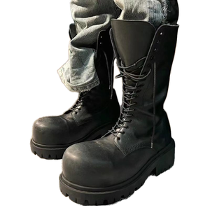 Bottes d'automne vintage en denim à lacets, bout rond, semelle épaisse, logo personnalisé, semelle intérieure en PU, chaussures classiques noires pour hommes - Product Image 1