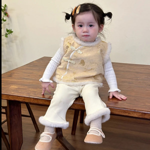 Girls Winter Set Chinese Style Jacquard Quilted Vest Fleece <b>Lined</b> Flared <b>Pants</b> Three Piece Thickening Cotton Warm Outfit - Product Image 4